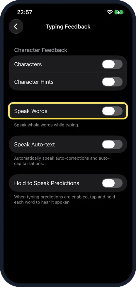 iPhone screen: Switch on Speak Words