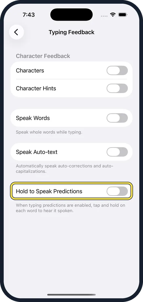 iPhone screen: Hear the suggested words