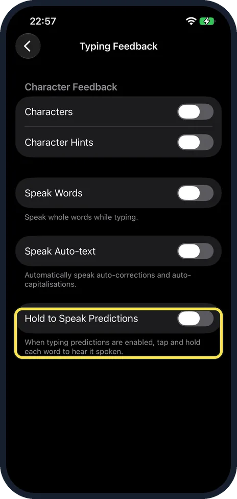 iPhone screen: Hear the suggested words