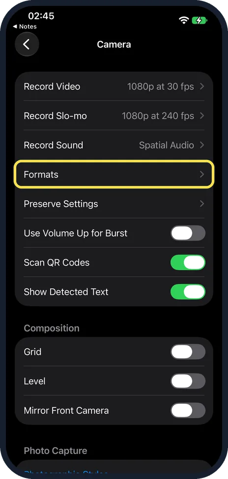 iPhone screen: Tap Formats