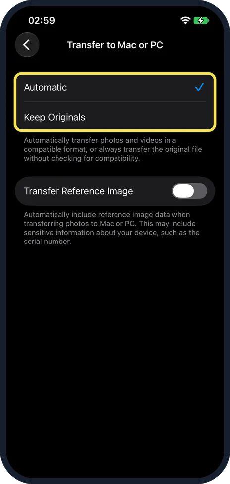 iPhone screen: Choose Automatic or Keep Originals