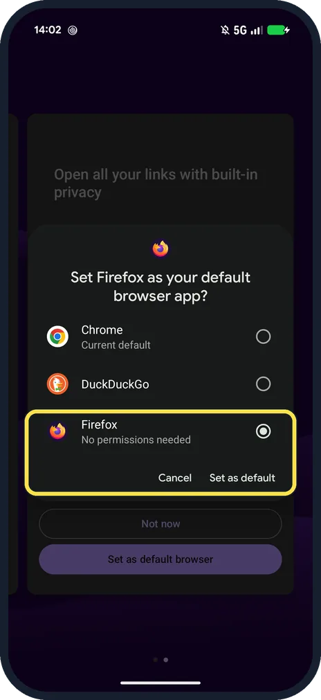 Android screenshot: Pick Firefox and tap Set as default