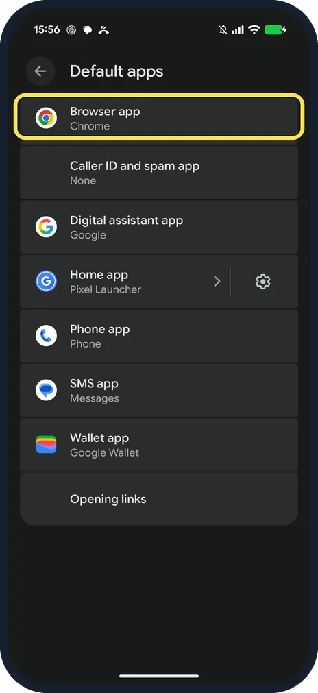 Android screenshot: To check it later, open Default apps