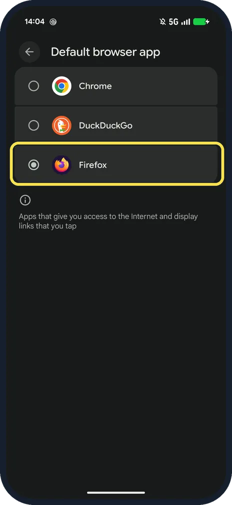 Android screenshot: Look for Firefox ticked