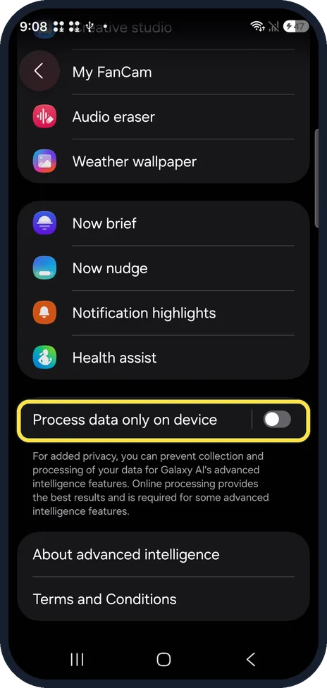 Android screenshot: Scroll to Process data only on device