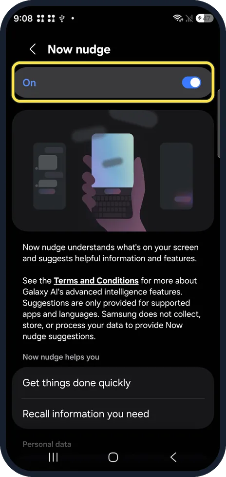 Android screenshot: Or turn off a single feature