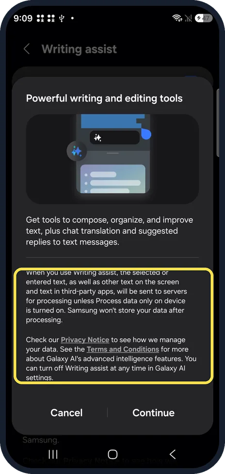 Android screenshot: Read the sheet some features show first