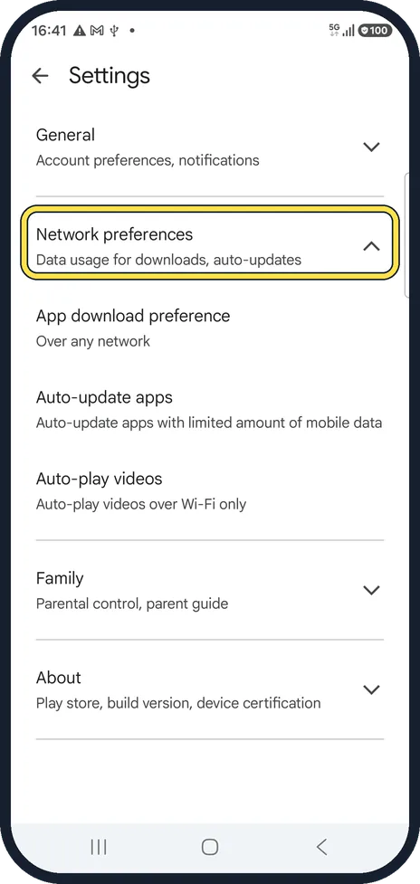 Android screenshot: Open Network preferences