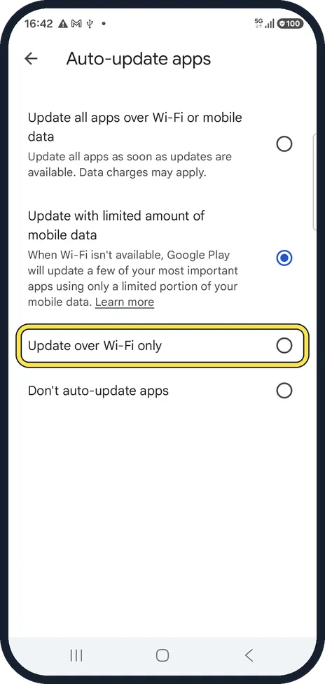 Android screenshot: Choose Update over Wi-Fi only