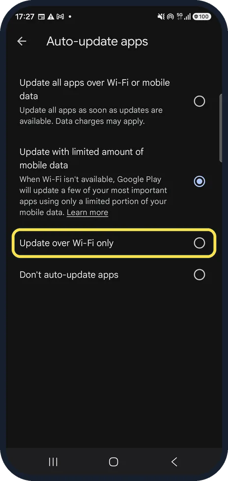 Android screenshot: Choose Update over Wi-Fi only