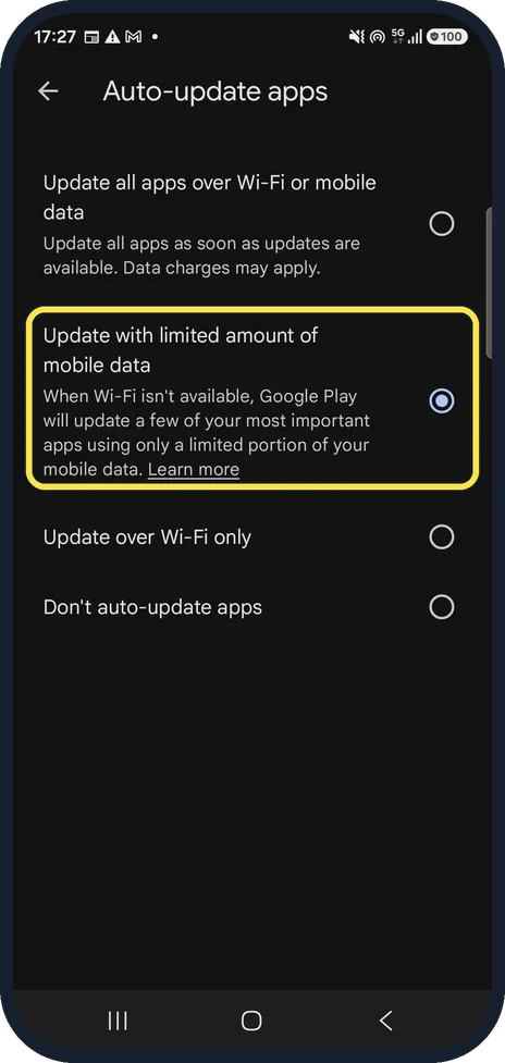 Android screenshot: What limited mobile data means