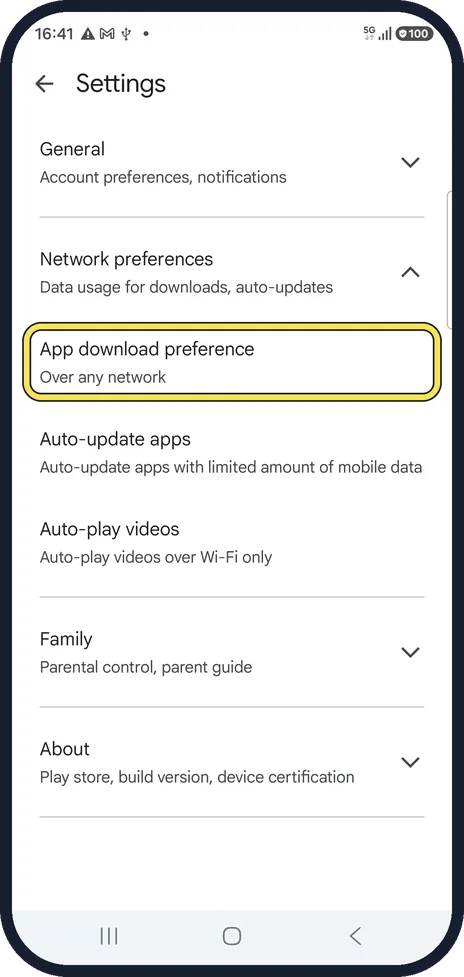 Android screenshot: Check App download preference