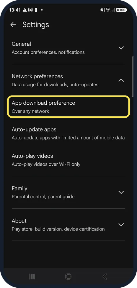 Android screenshot: Check App download preference