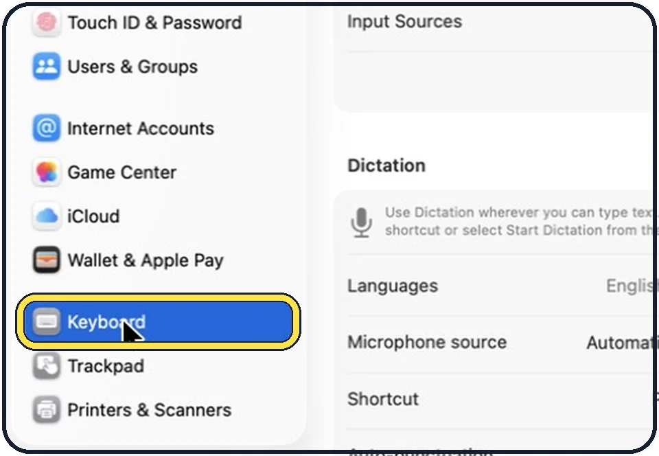 Mac screenshot: Click Keyboard in the sidebar