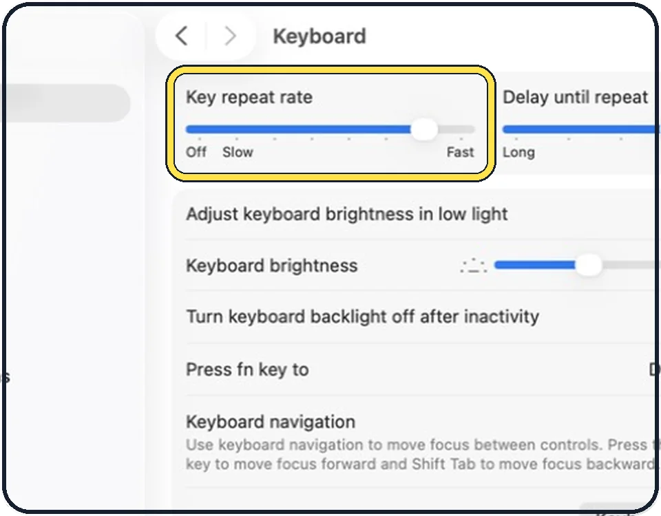 Mac screenshot: Drag Key repeat rate toward Fast