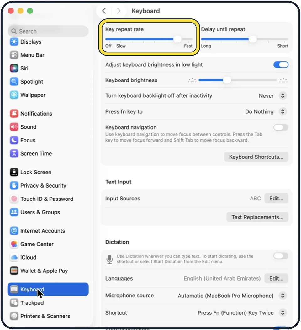 Mac screenshot: Drag Key repeat rate toward Fast