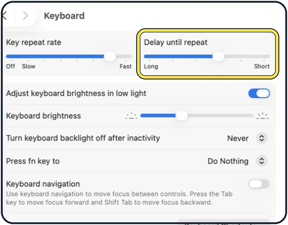 Mac screenshot: Drag Delay until repeat toward Short