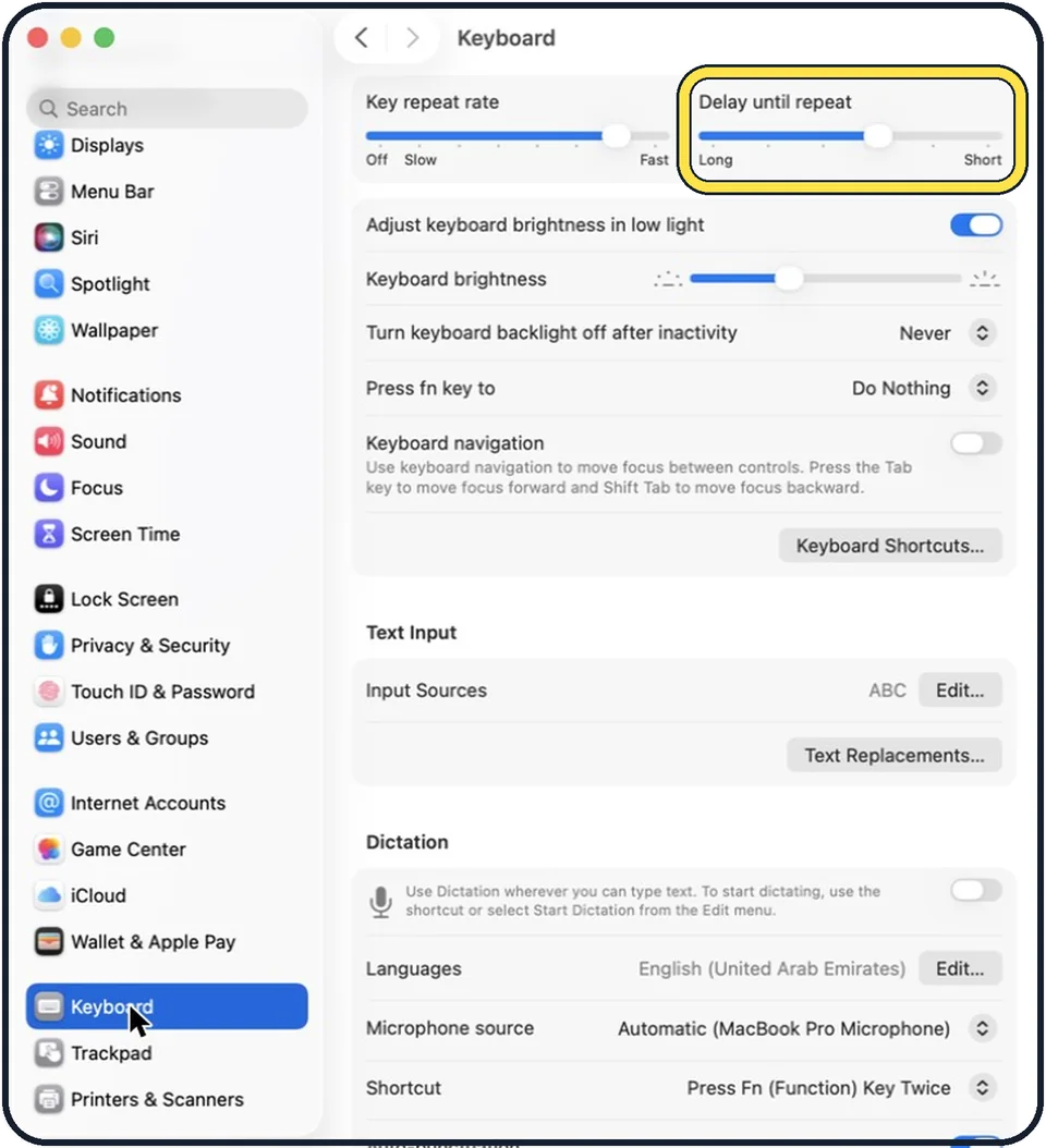 Mac screenshot: Drag Delay until repeat toward Short