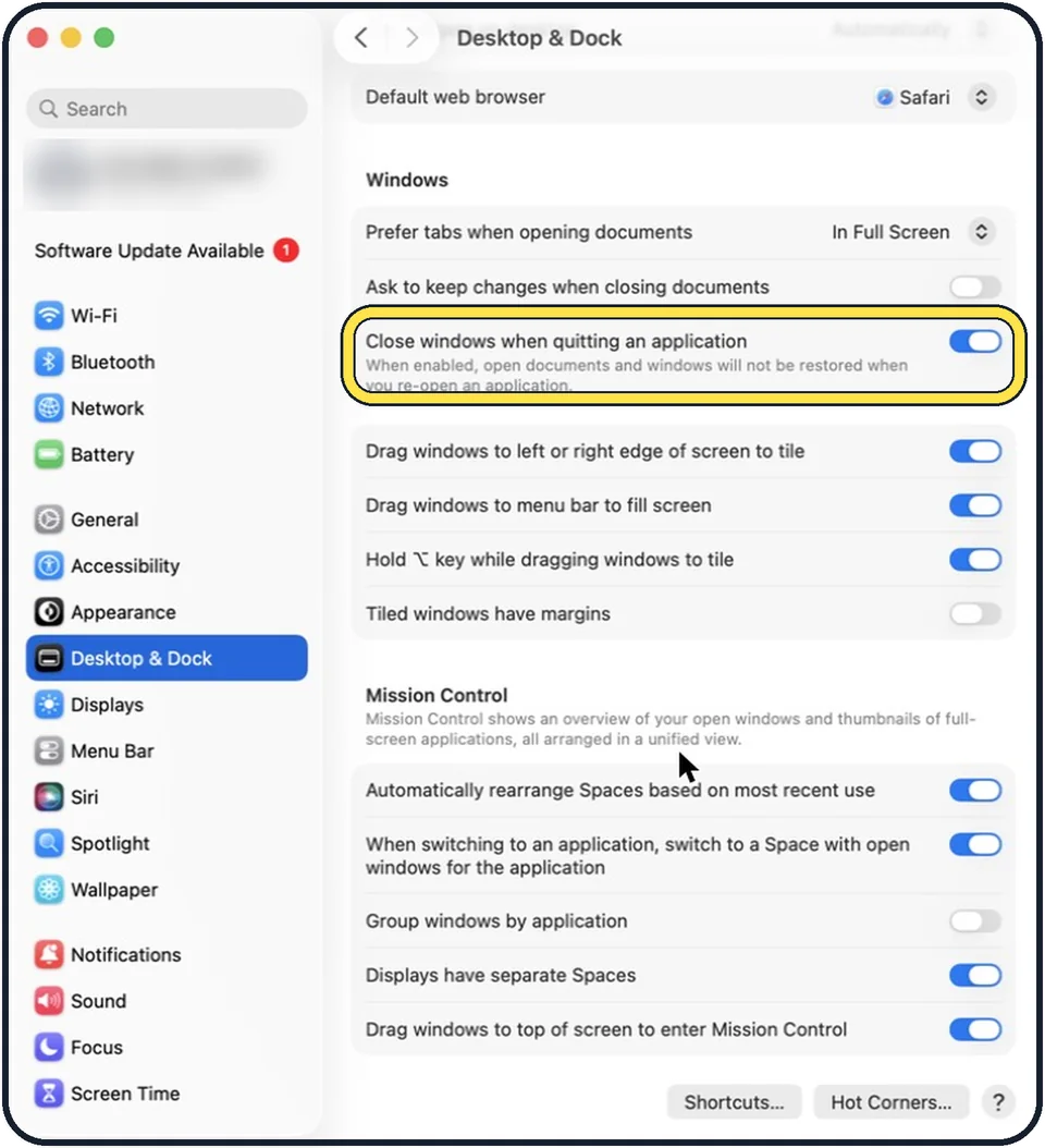 Mac screenshot: Scroll to Windows and switch off Close windows when quitting an application