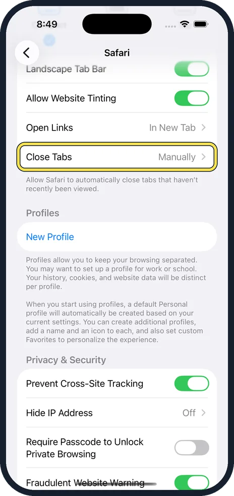 iPhone screen: Scroll to Tabs and tap Close Tabs