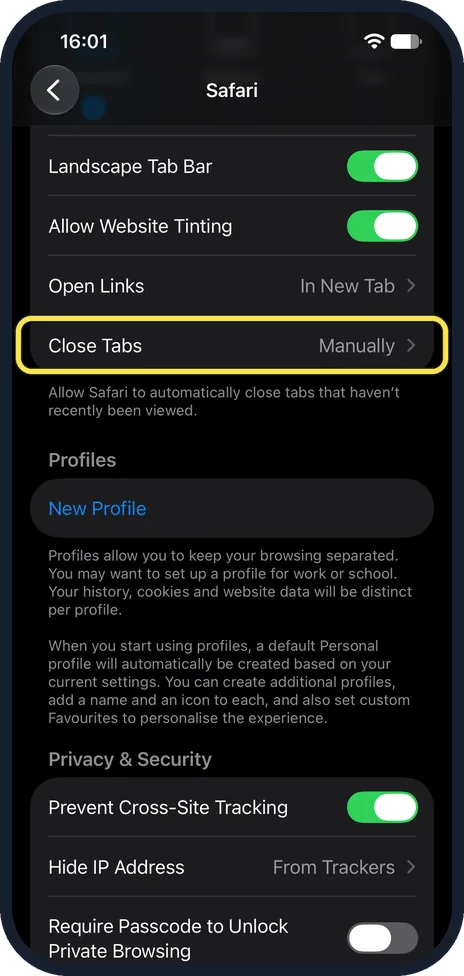 iPhone screen: Scroll to Tabs and tap Close Tabs