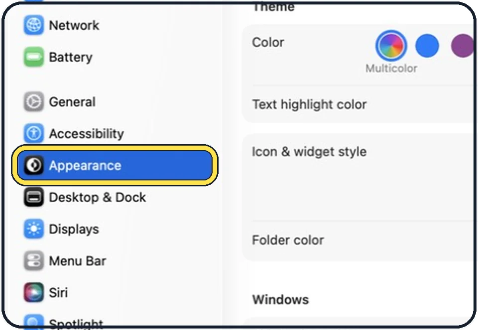 Mac screenshot: Click Appearance in the sidebar