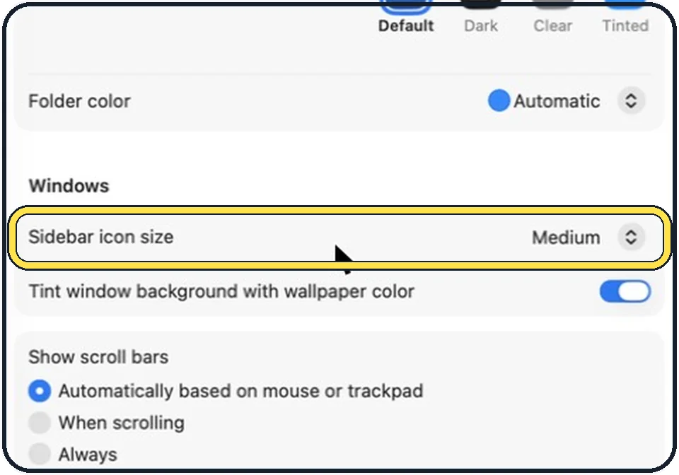 Mac screenshot: Set Sidebar icon size
