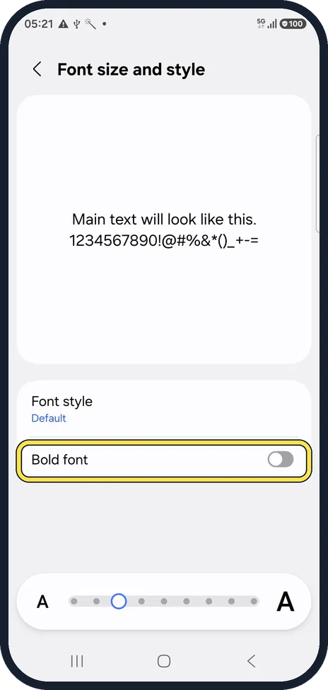 Android screenshot: Switch on Bold font