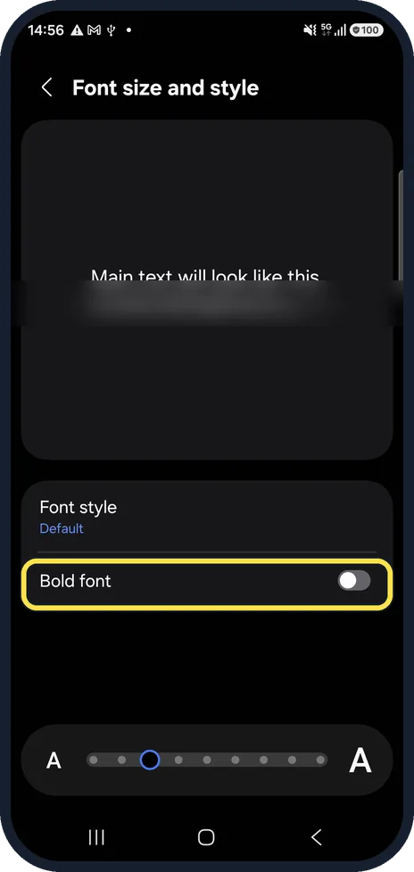 Android screenshot: Switch on Bold font
