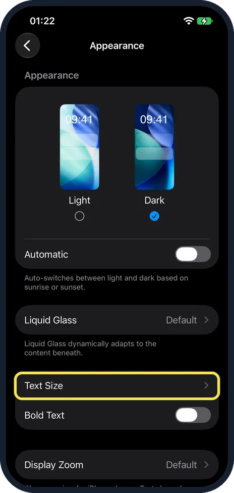iPhone screen: Tap Text Size