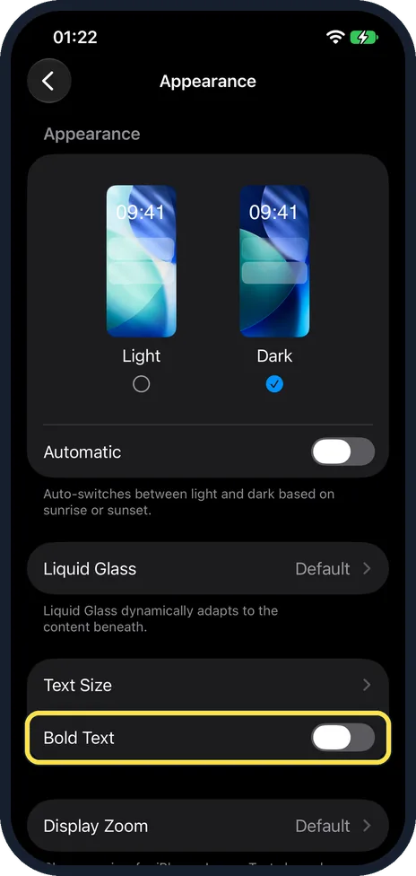 iPhone screen: Switch on Bold Text if you like