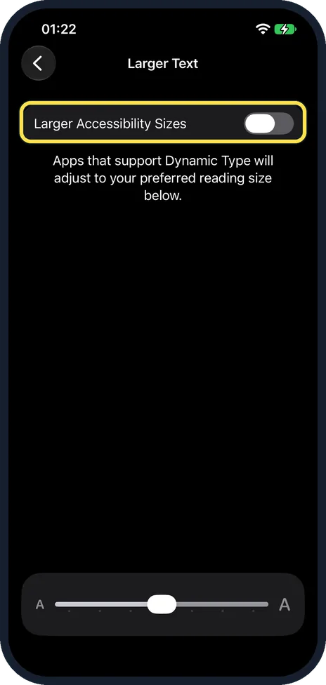 iPhone screen: Switch on Larger Accessibility Sizes