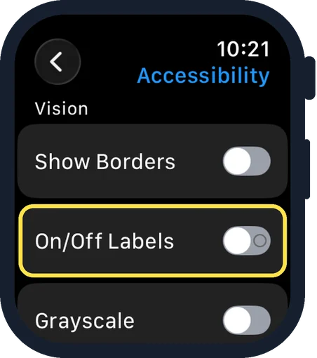 Apple Watch screen: Switch on On/Off Labels