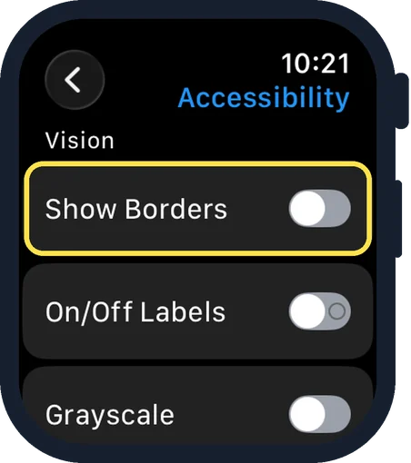 Apple Watch screen: Switch on Show Borders