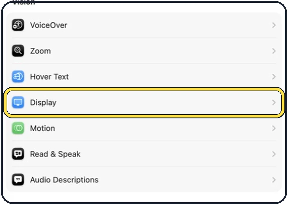 Mac screenshot: Click Accessibility, then Display