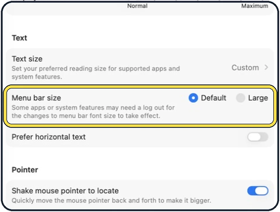 Mac screenshot: Set Menu bar size to Large