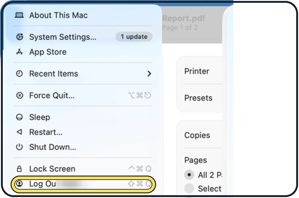 Mac screenshot: Log out and log in again