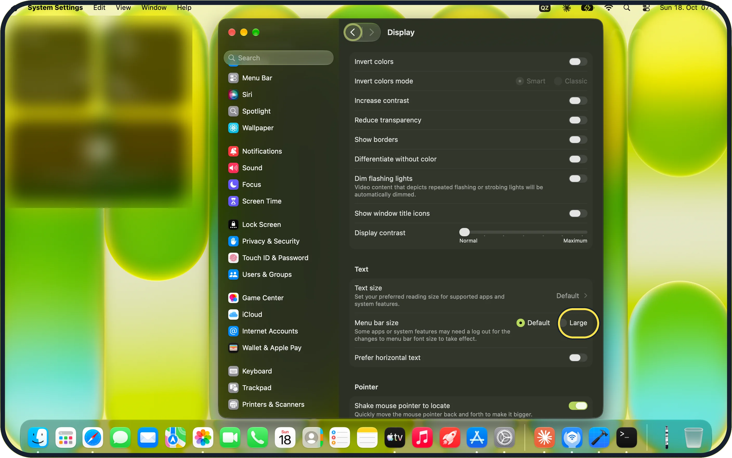 Mac screenshot: Select Large next to Menu bar size