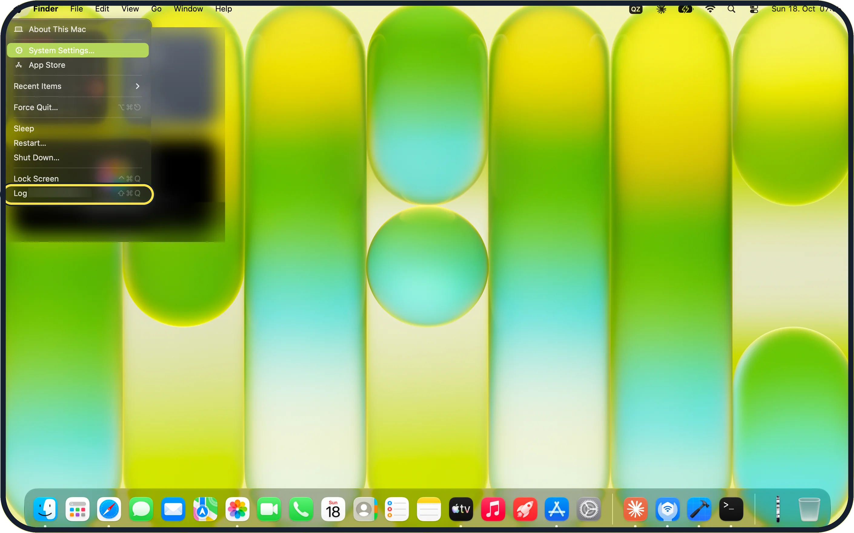 Mac screenshot: Log out and log in again