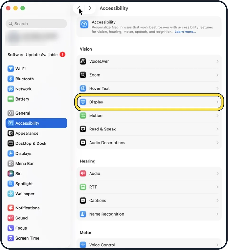 Mac screenshot: Click Accessibility, then Display