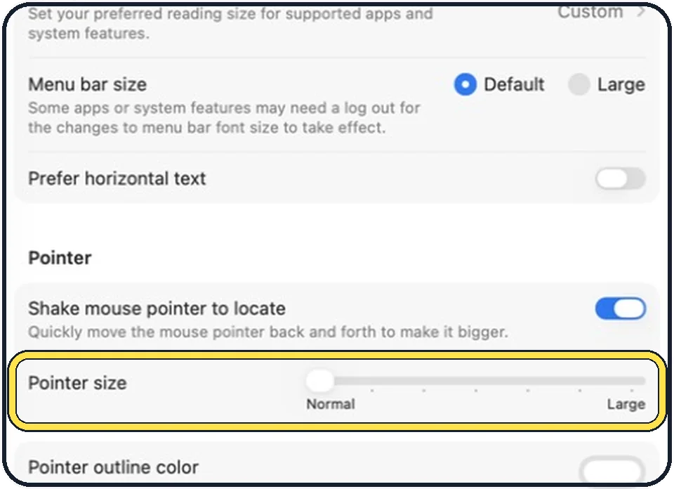 Mac screenshot: Drag the Pointer size slider