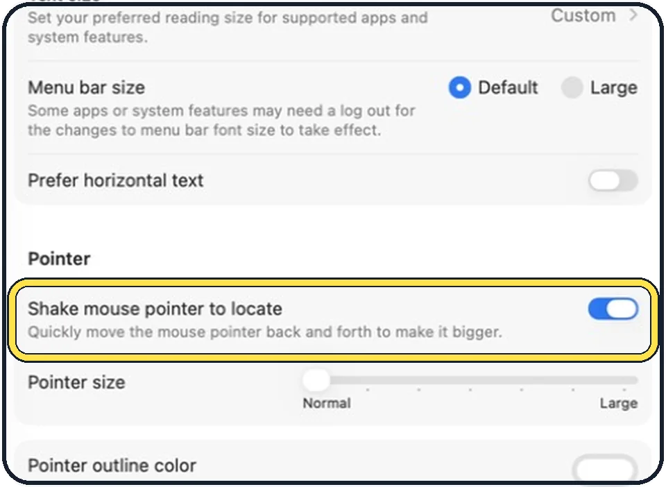 Mac screenshot: Keep Shake mouse pointer to locate on
