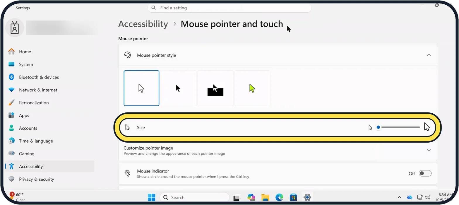 Windows screenshot: Drag the Size slider