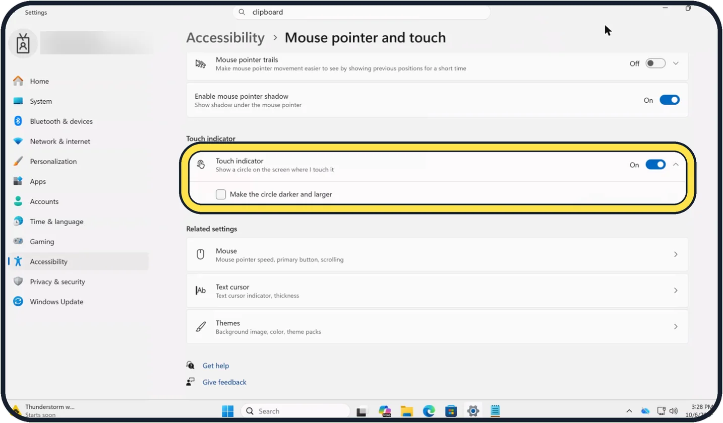 Windows screenshot: Try the touch indicator
