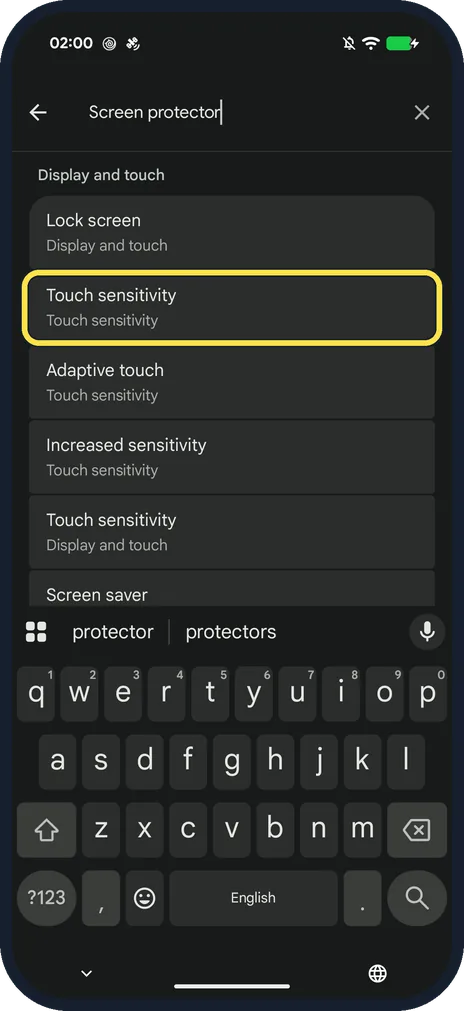 Screenshot from the guide: Screen protector mode on a Google Pixel: how to raise touch sensitivity (Android 17)