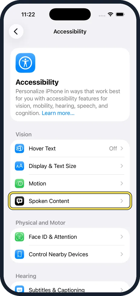 iPhone screen: Tap Spoken Content