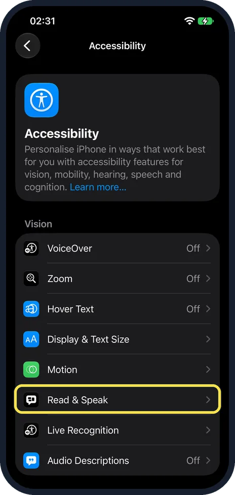 iPhone screen: Tap Read & Speak