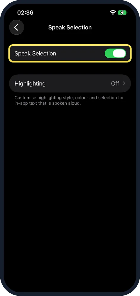 iPhone screen: Turn on Speak Selection