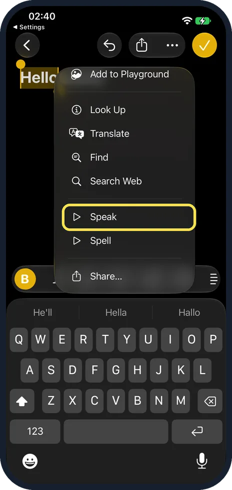 iPhone screen: Select text and tap Speak