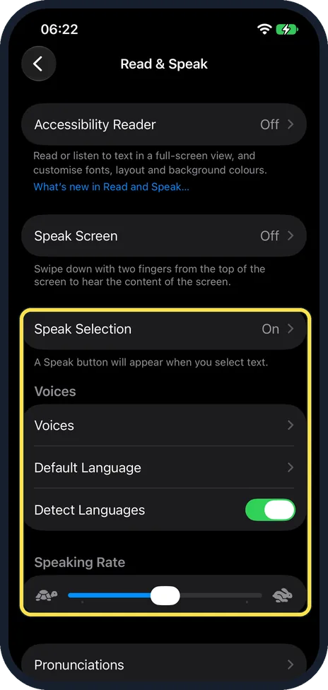 iPhone screen: Choose the voice and speed